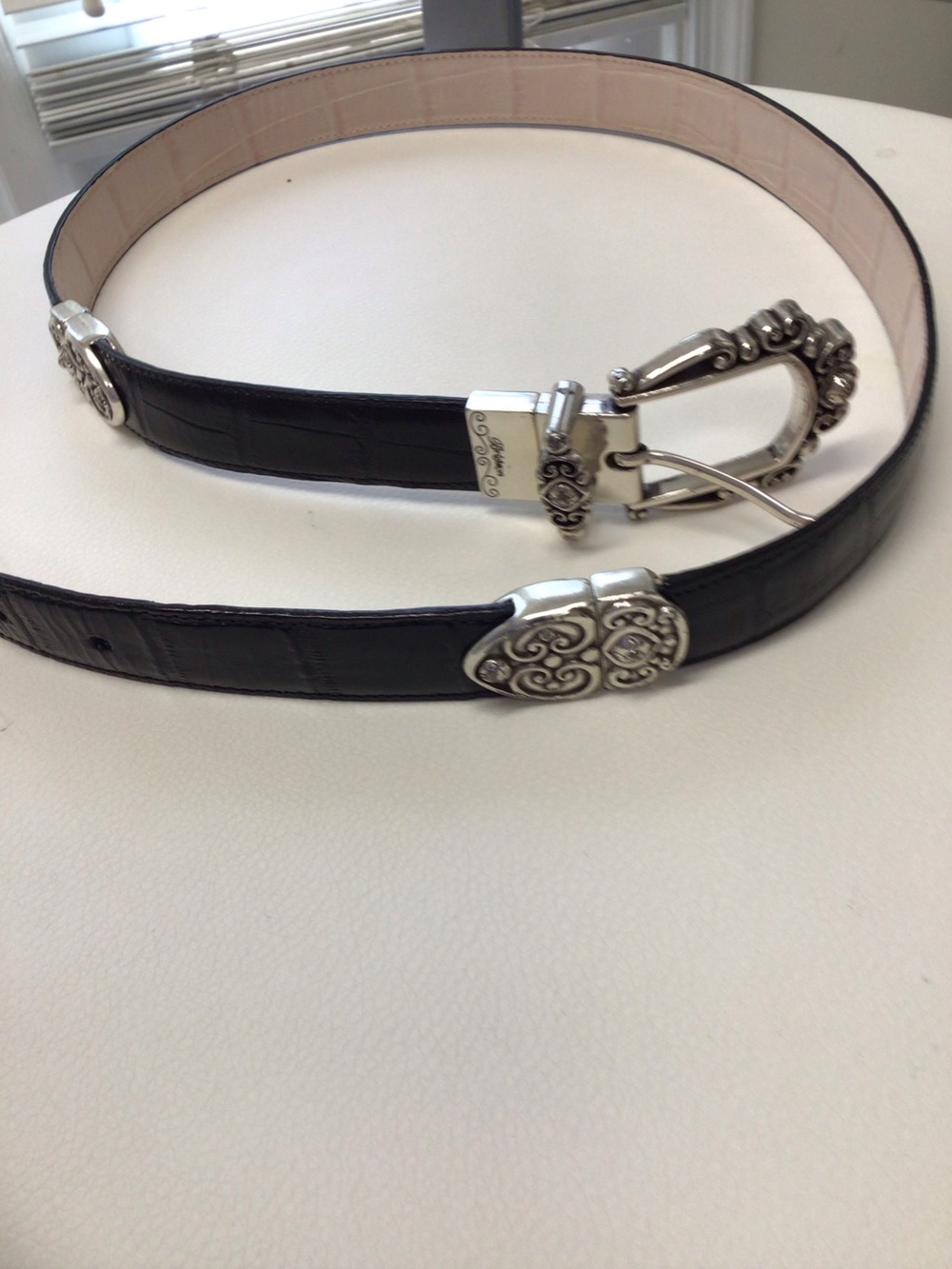 Brighton Adjustable Black And Cream Leather Belt with Ornate Silver Buckle